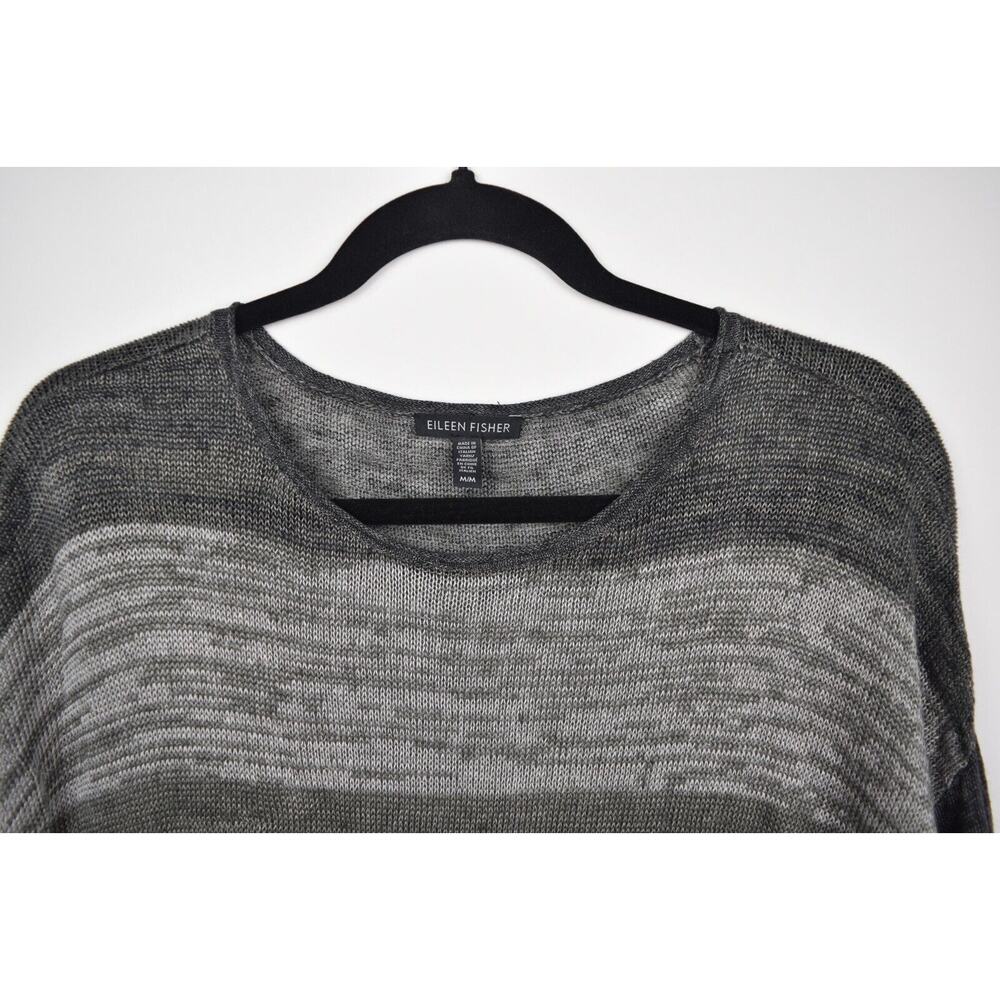 Eileen Fisher Womens Sweater Open Knit Linen Gray Striped Long Sleeve Sz Medium - Picture 2 of 16